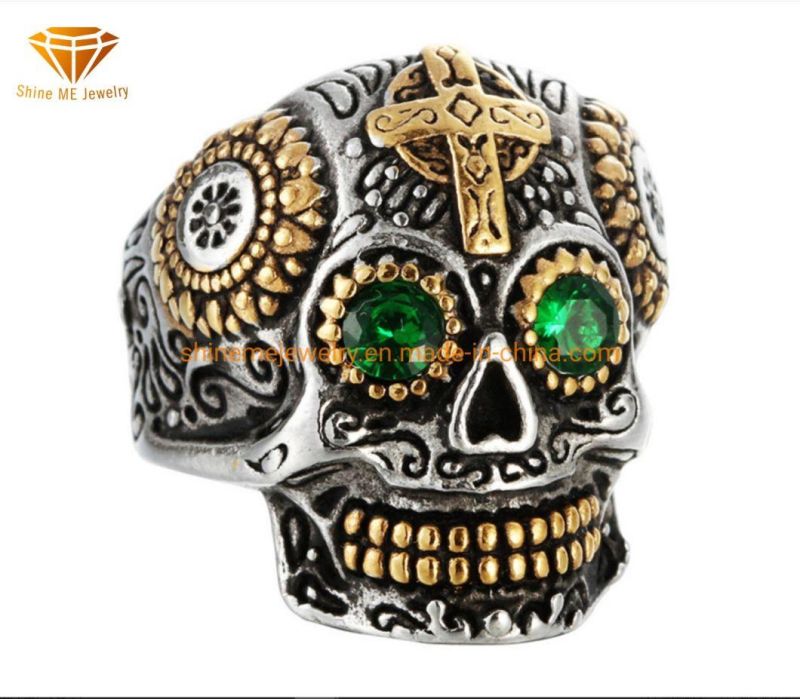 Titanium Steel/Stainless Steel Tibetan Carved Gabala Green Eyes Skull Punk Ring for Men Sgmr2619