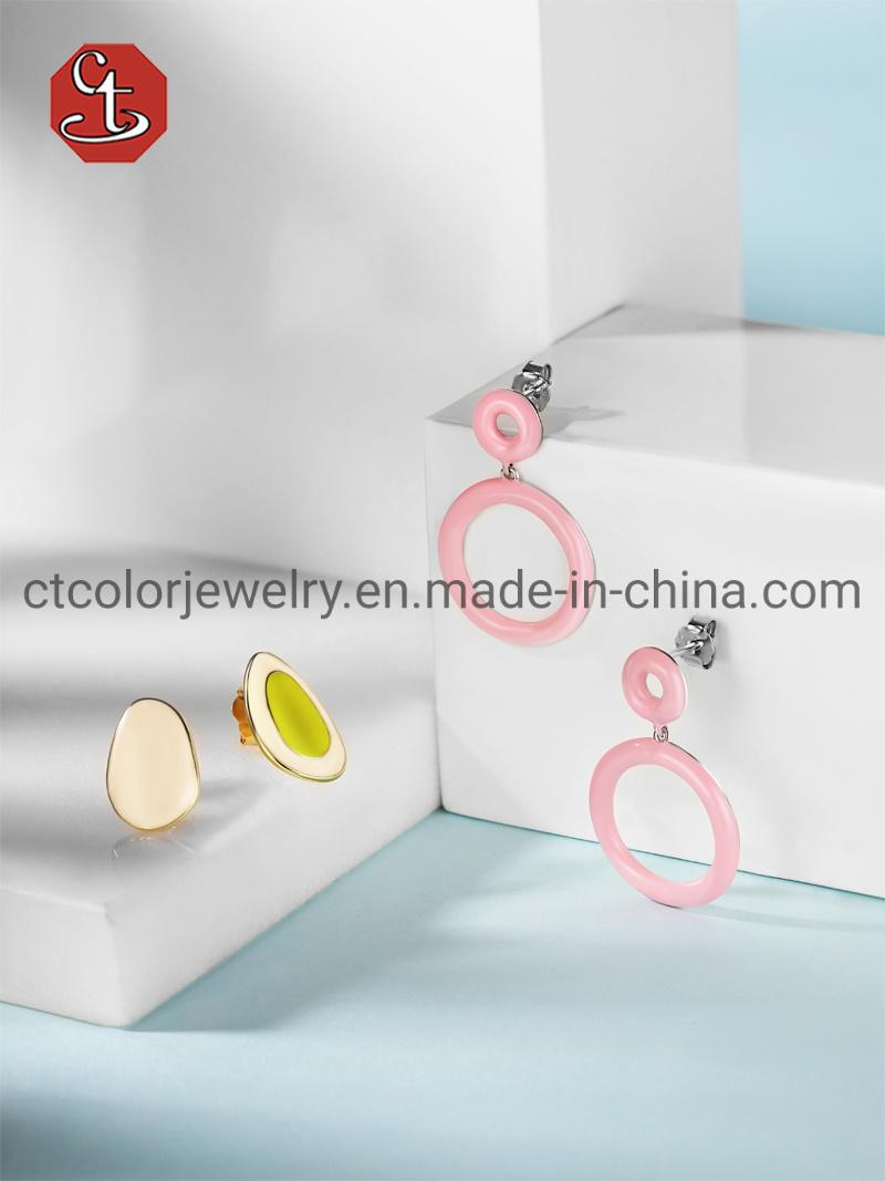 Wholesale 925 Silver&Brass Pink circle Stud Earrings Women Enamel Stud Earring Jewelry
