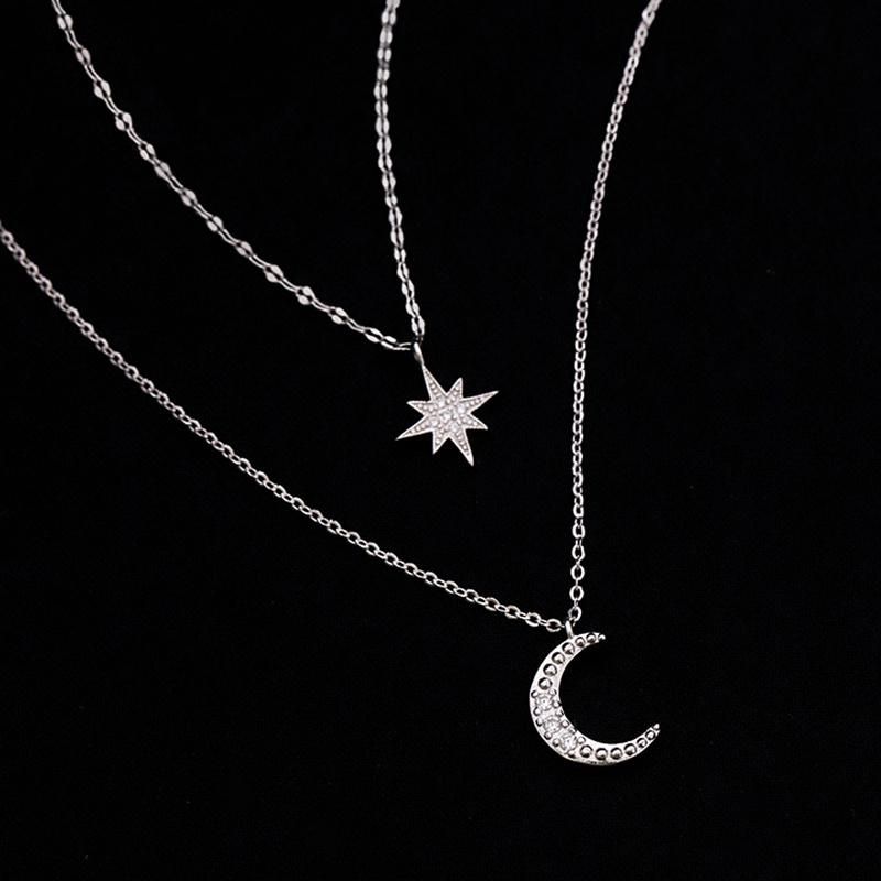 Simple Star Moon Double Necklace Flash Crystal Niche Clavicle Chain Pendant Necklace