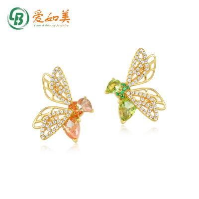 Wholesale High Quality Real Gold Plated CZ Earrings Trendy Women Hypoallergenic 925 Sterling Silver Bee Stud Earrings