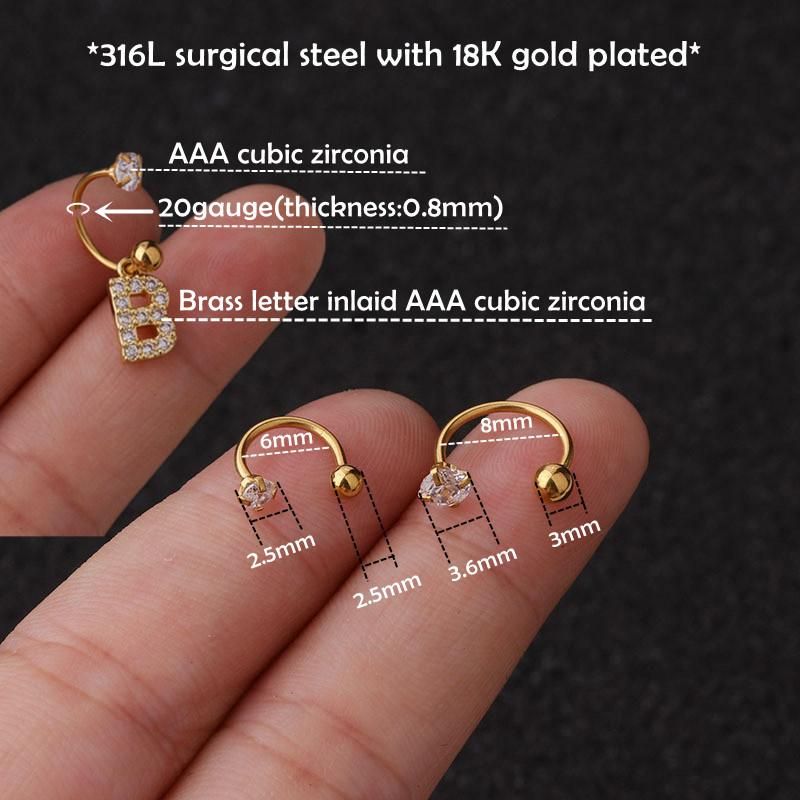 316L Surgical Steel Earring Stud with Brass Letters Inlaid CZ Body Piercing Jewelry (6mm, 8mm)