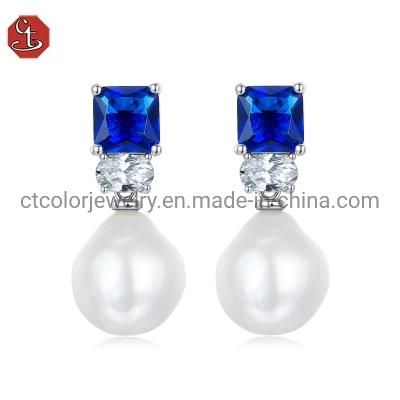 White Baroque Pearl Silver or Brass Earrings Blue CZ Stud Earrings Freshwater Pearl Drop Earring