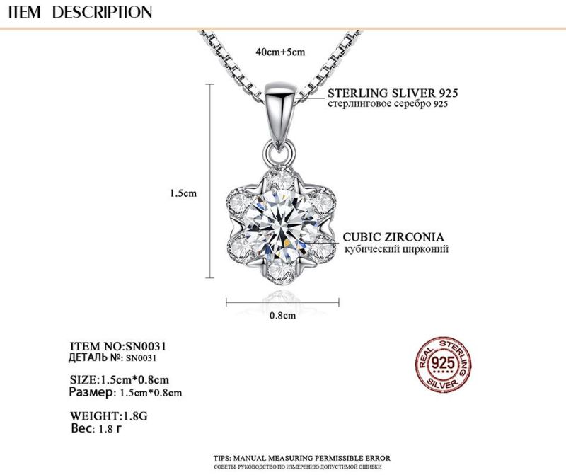 Hotsale Cubic Zircon Snowflake Sterling Silver Rings Pendant Necklace