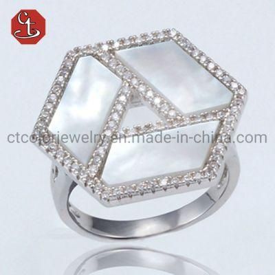 Hot Sale Jewelry White Mother of Shell Rings for Women Minimalist Hexagon Geometric Style Wide Ring