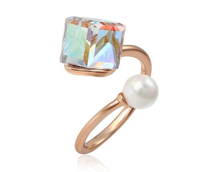 Jewelry Elegant Fashion High Design Generous Crystal Open Ring Pearl Adjustable Rose Gold Ring