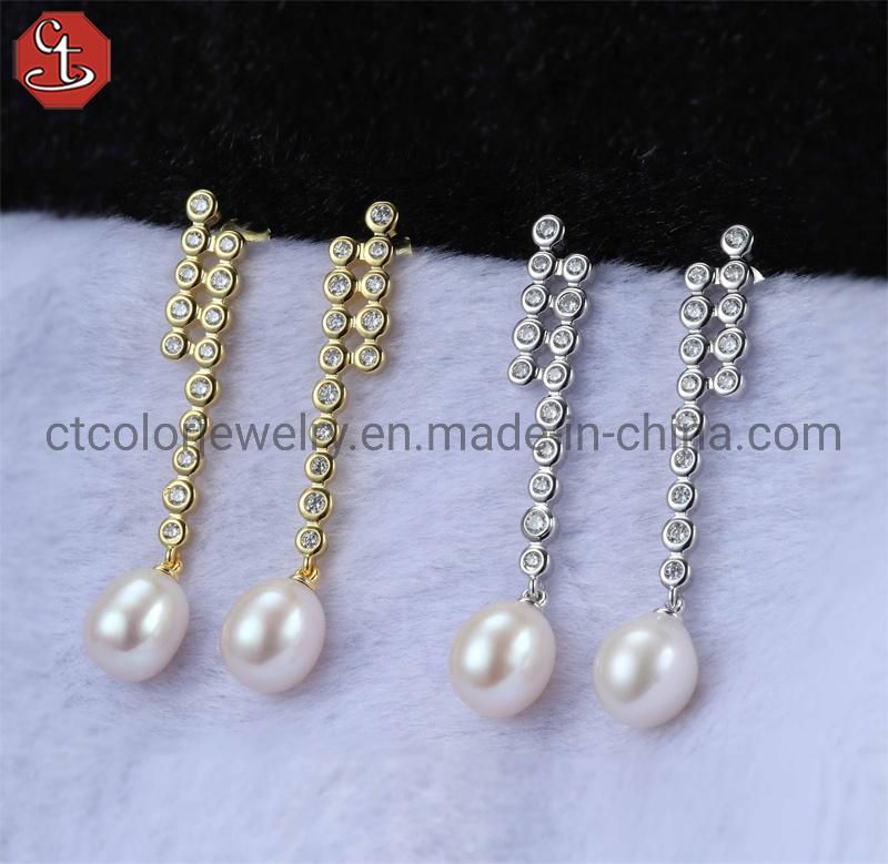 Trending earrings 2021 long drop pearl elegant zircon silver Earrings