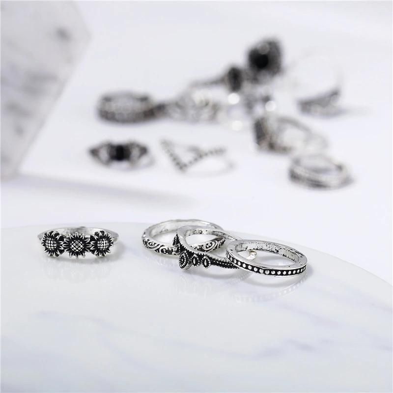 15 PCS/Set Bohemia Retro Leaves Lotus Silver Rings Set Fashion Jewelry