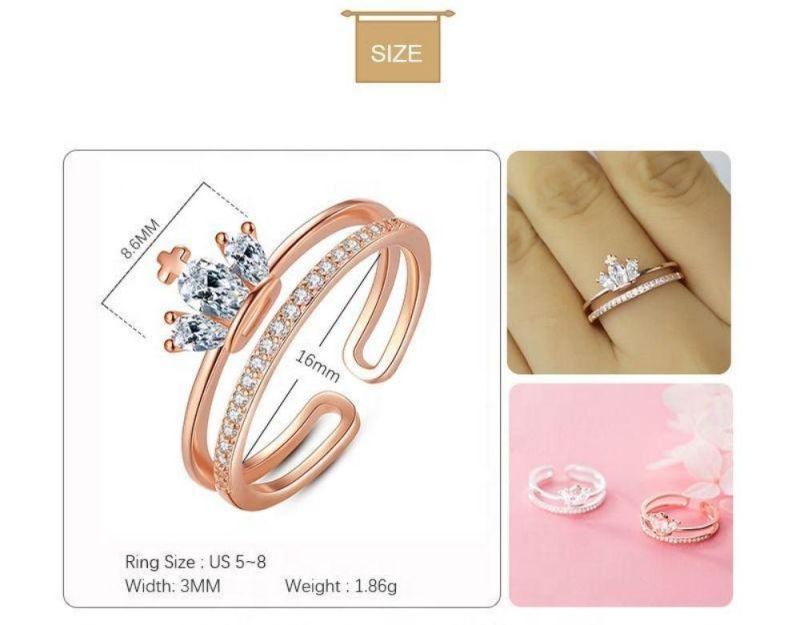 Real 925 Sterling Silver Ring Crown Zircon Fashion Exquisite Adjustable Ring Women Wedding Girls Jewelry Gift