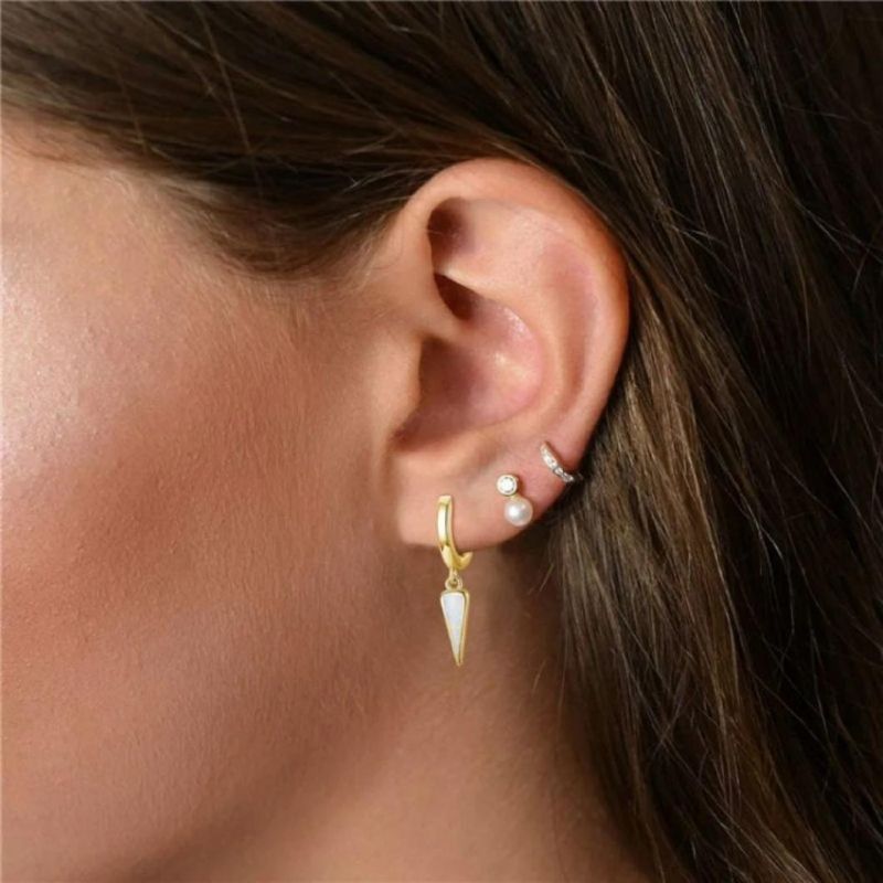 Rose Gold Plated Hypoallergenic Minimalist Ear Jewelry Small Huggie Hoop Opal Sun Dangling Earrings