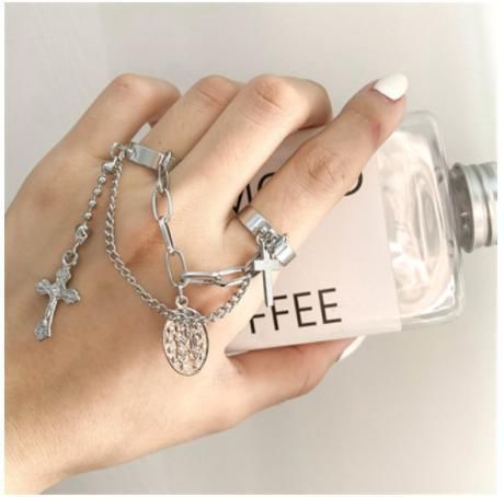 Disco Chain Combination Ring Punk Fan Open Cross Conjoined Black Tie Ring Index Finger Ring for Women Party Gift Dropshipping Wholesale