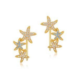 Cubic Zirconia Blue Spinel Earrings Sterling Silver Starfish Climbing Earrings Girls Summer Beach Jewelry