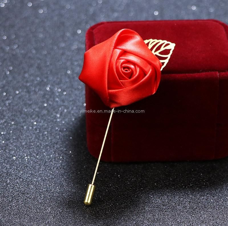 Hot Selling Satin Fabric Rose Flower Decoration Accessories Men′s Lapel Pins
