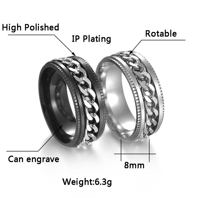 Fashion Jewellery Rotatable Chain Punk Stainless Steel Men Rings