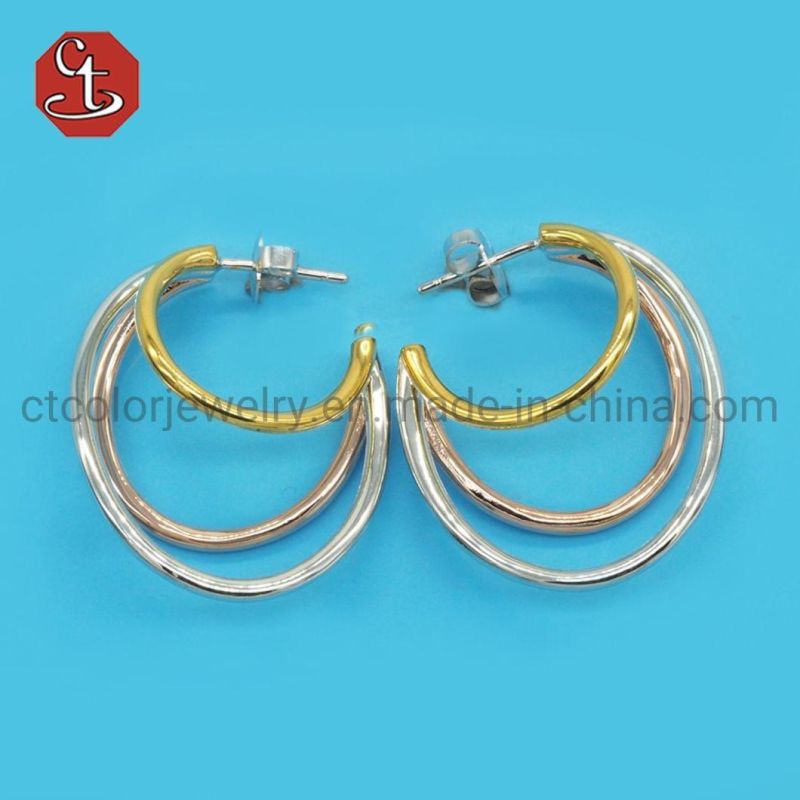 Special Trendy Gold Double Line Plain Sterling Silver Jewelry Hot sale Hoop Earring