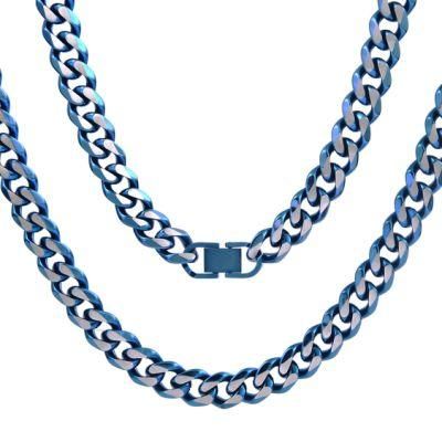 Factory Affordable Stainless Steel Jewelry Thick Blue Color Plated Cuban Necklace for Hip Hop Men Fashion Necklaces 24inch
