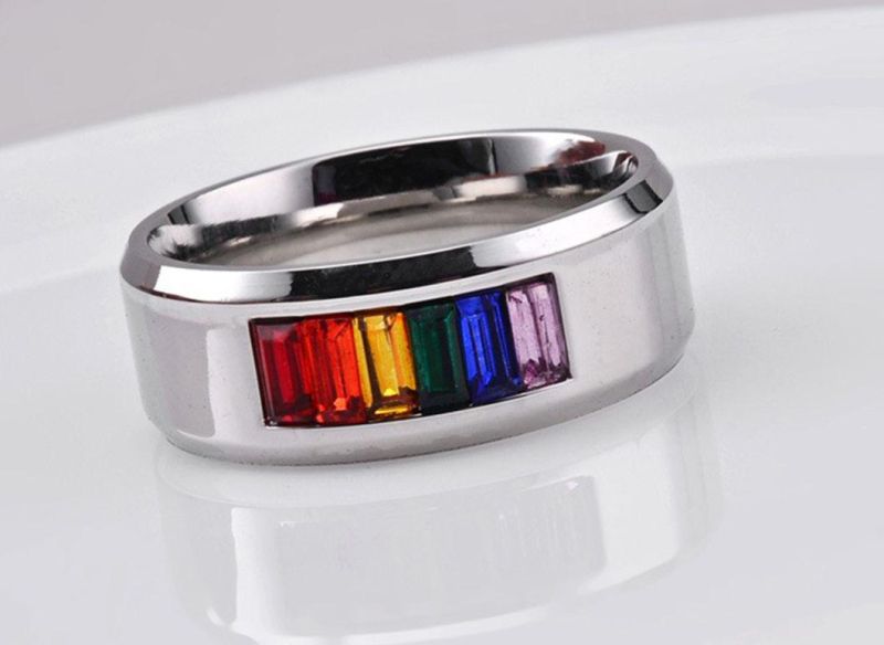 Fashion Jewelry Titanium Steel Gay Lala Ring Rainbow Stones Flag Gay Ring Couple Jewelry Factory Sales SSR2073