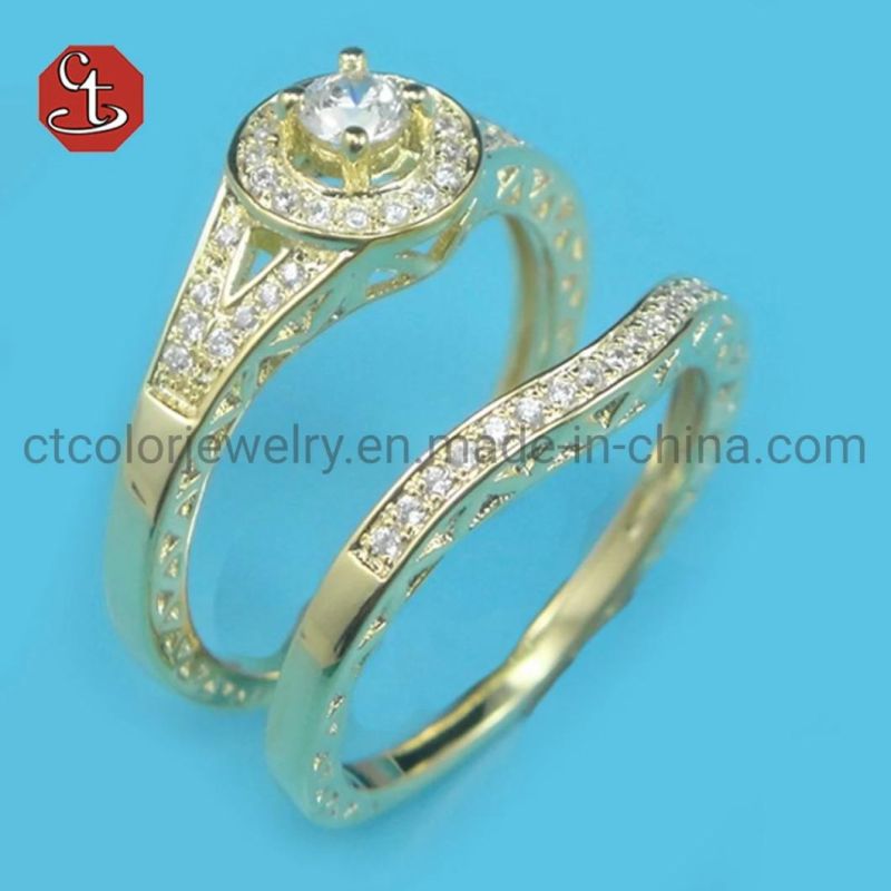 Rhodium 2PCS Bridal Ring Sets Romantic Proposal Wedding Rings Foe Women Trendy Round Stone Setting Wholesale