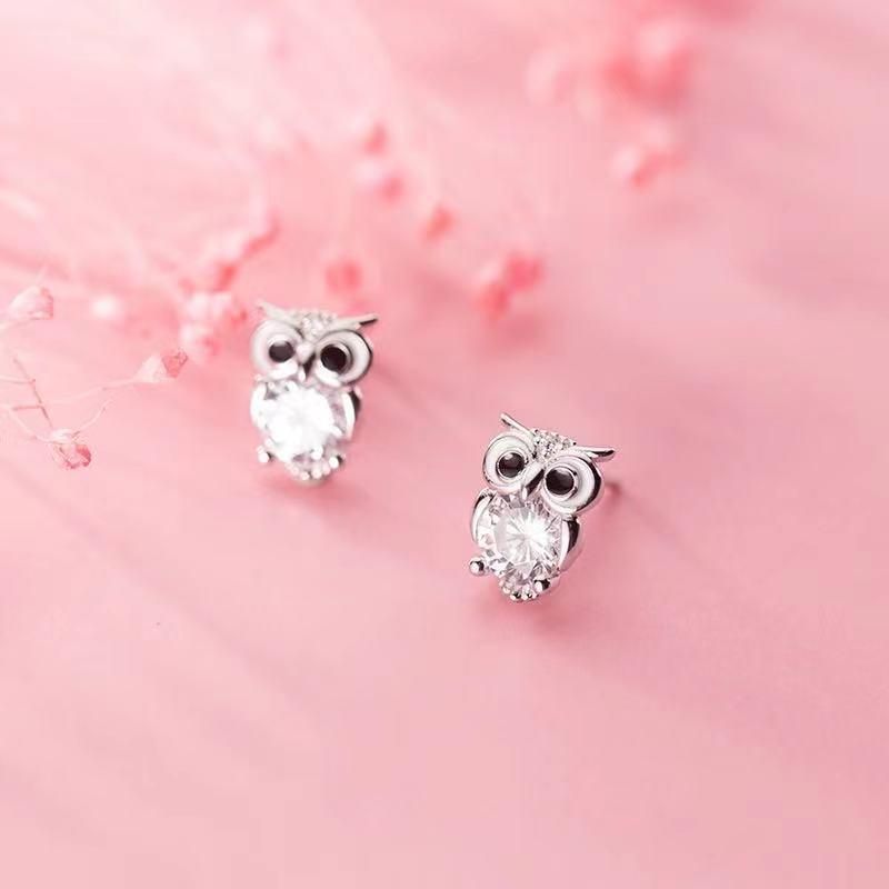 925 Sterling Silver Cute Owl Animal Stud Earrings with CZ for Women Sterling Silver Jewelry