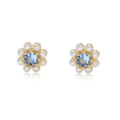 New Fashion Handmade 925 Sterling Silver Blue Zircon Pearl Sweet Flower Lovely Stud Earrings