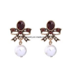 Retro Alloy Gemstone and Diamond Studded Earrings with Pearl Pendant Fashion Jewelry