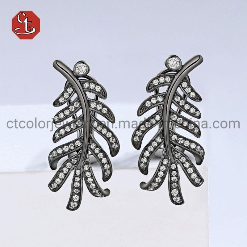 Trendy 925 Sterling Silver CZ Pave Long Feather Dangle Earring Jewelry