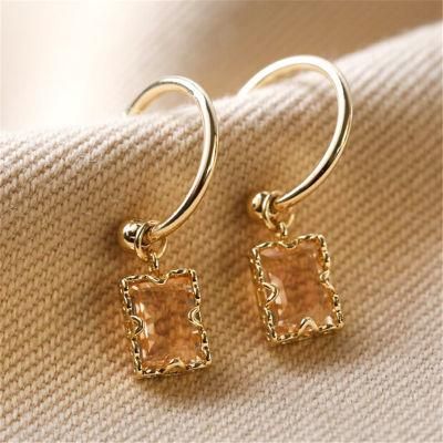 High Quality Gemstone Charm Hoop Earrings in 18K Gold Plated Peach Silk Color Square Glass Earrings for Woman Jewelry