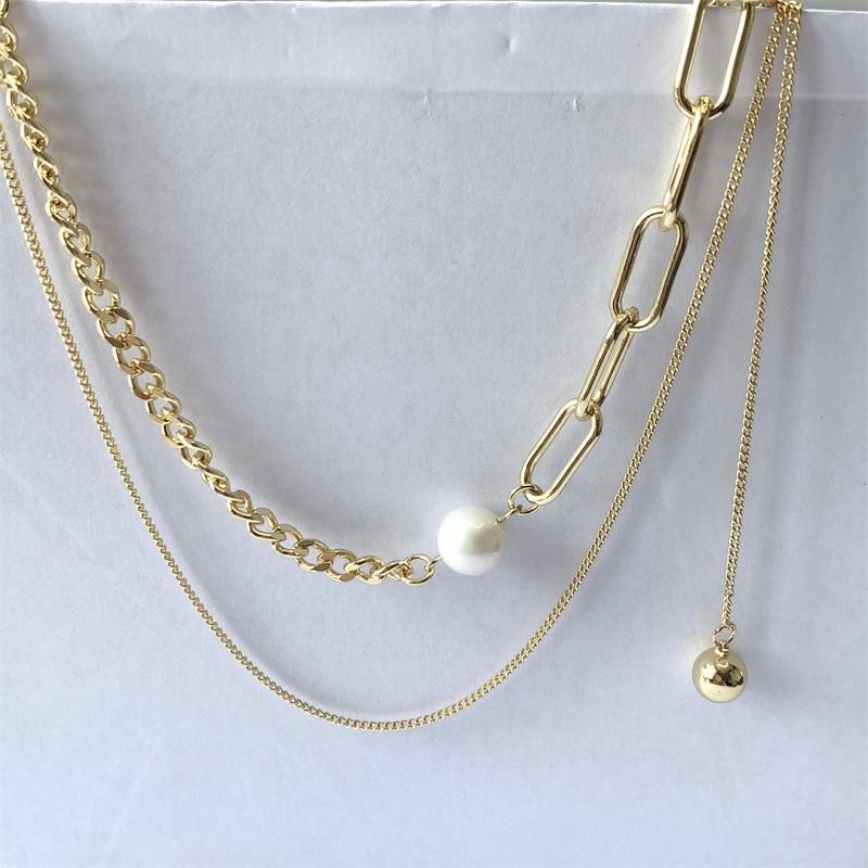 2 Layered Big Link Chain with Curb Chain Pearl Round Ball Necklace for Women Accessories