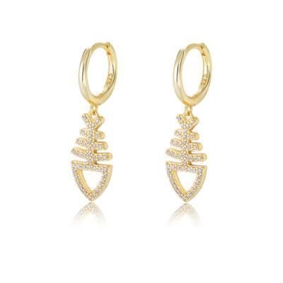 New Fashion Gold Vermeil AAA Cubic Zirconia Fishbone Charm Huggie Earring