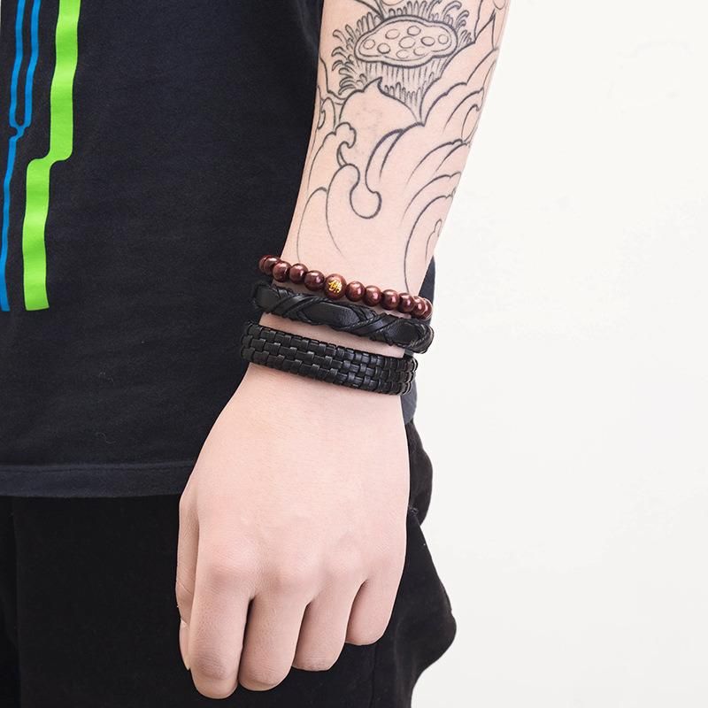 Braided Leather Bracelets for Men Women Wrap Wood Beads Bracelet Woven Ethnic Tribal Rope Wristbands Bracelets Set Adjustable