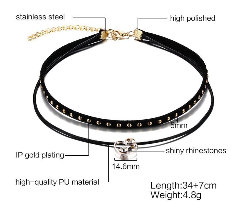 Stainless Steel Bead PU Choker with Shiny Stone Crystal for Female