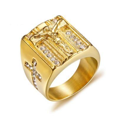 Factory Direct Wholesale Titanium Steel Diamond Cross Jesus Man Gold Ring