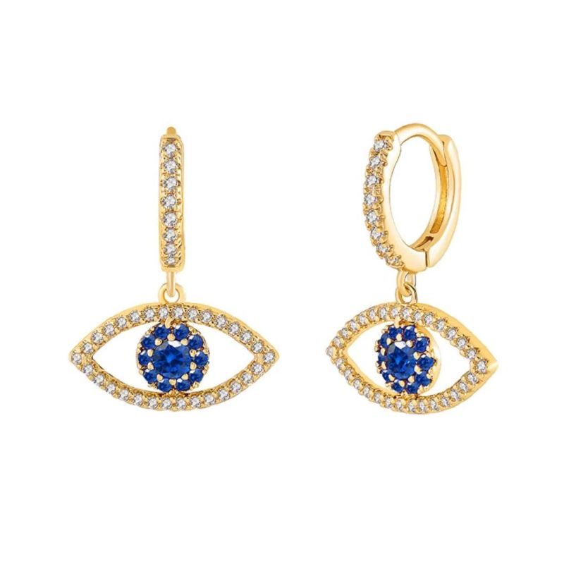 18K Customized Earring Turkey Blue CZ Eyes Dangle Earrings S925 Sterling Silver Devil Eye Hoop Huggie Earrings