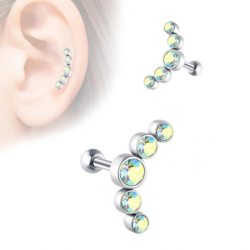 Body Jewelry 316L Surgical Stainless Steel 5-Gem Curved CZ Crystal Cartilage Stud Earring