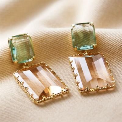 High Quality Women&prime; Statement Drop Earrings with Square Big Glass Gemstone for Women and Gift Daily