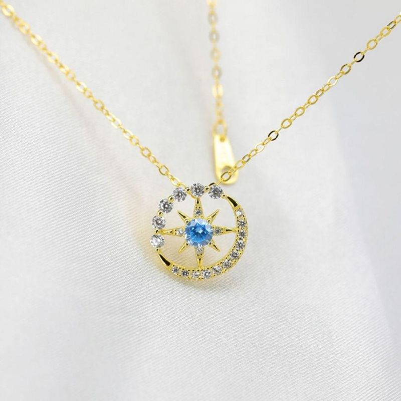925 Silver Jewelry Blue Zircon Geometric Circle Pendant Clavicle Chain Necklace Women 14K/18K Gold Plated Jewelry