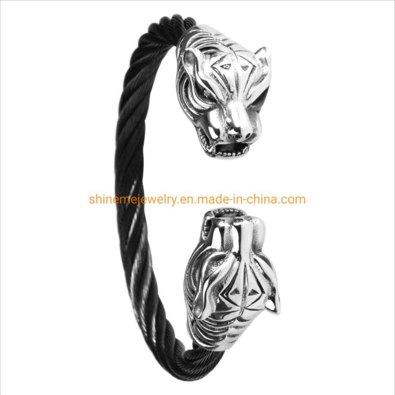 European and American Vintage Stainless Steel Cast Leopard Head Bracelet Men′s Stainless Steel Wire Rope Leopard Head Bracelet Ssbg2722