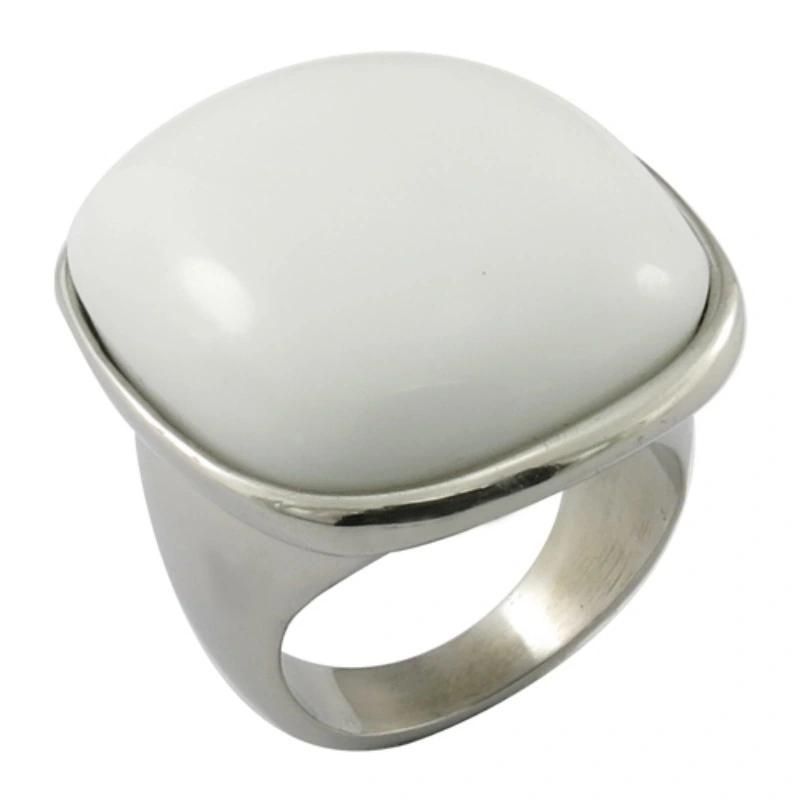 White Ceramic Big Stone Rings Stainless Steel Ring