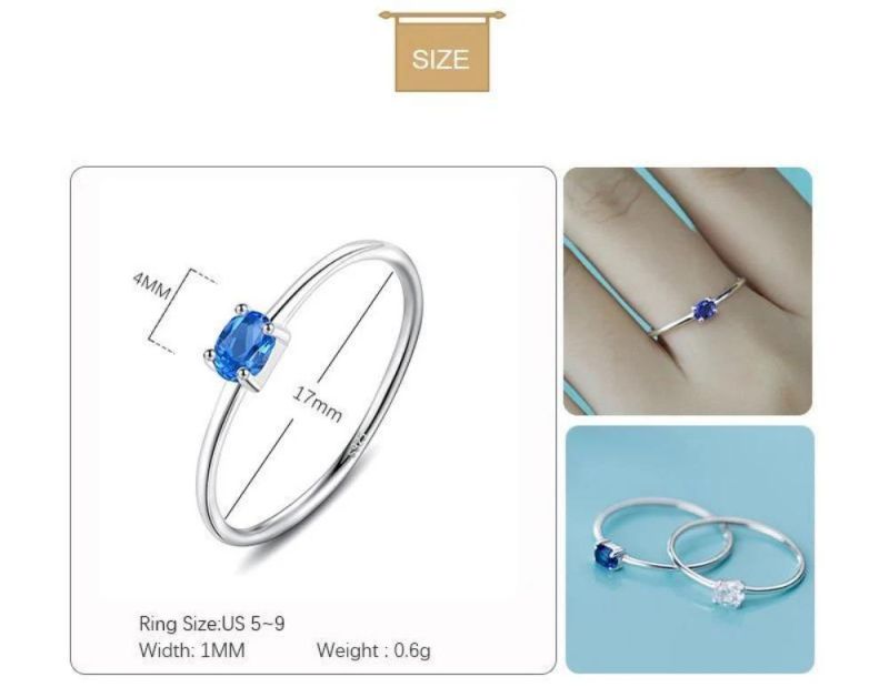 Minimalist Dazzling White Blue Oval CZ Finger Ring Size 6 7 8 Real 925 Sterling Silver for Women Wedding Jewelry