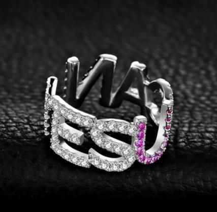 925 Sterling Silver Rings Capital Letter Colorful CZ Yes U Can Stackable Adjustable Open Rings