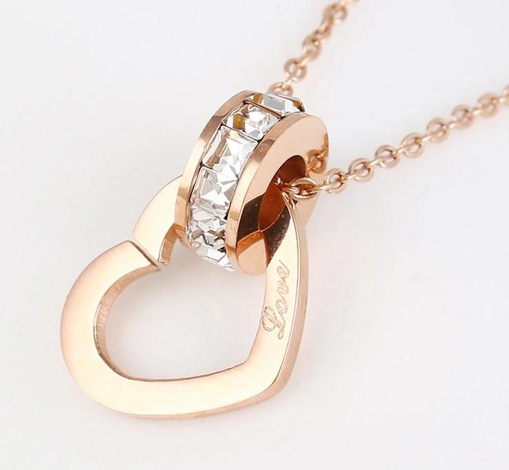 Fashion Jewelry Rose Gold Wholesale Steel Diamond Heart Necklace, Chain Heart Necklace