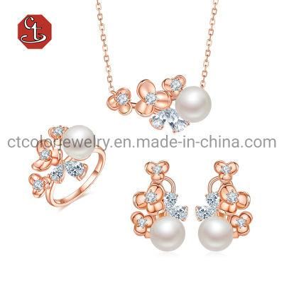 New Fashion 925 Silver Rose plated Rings Pendants and Earring Jewelry Set with pearl