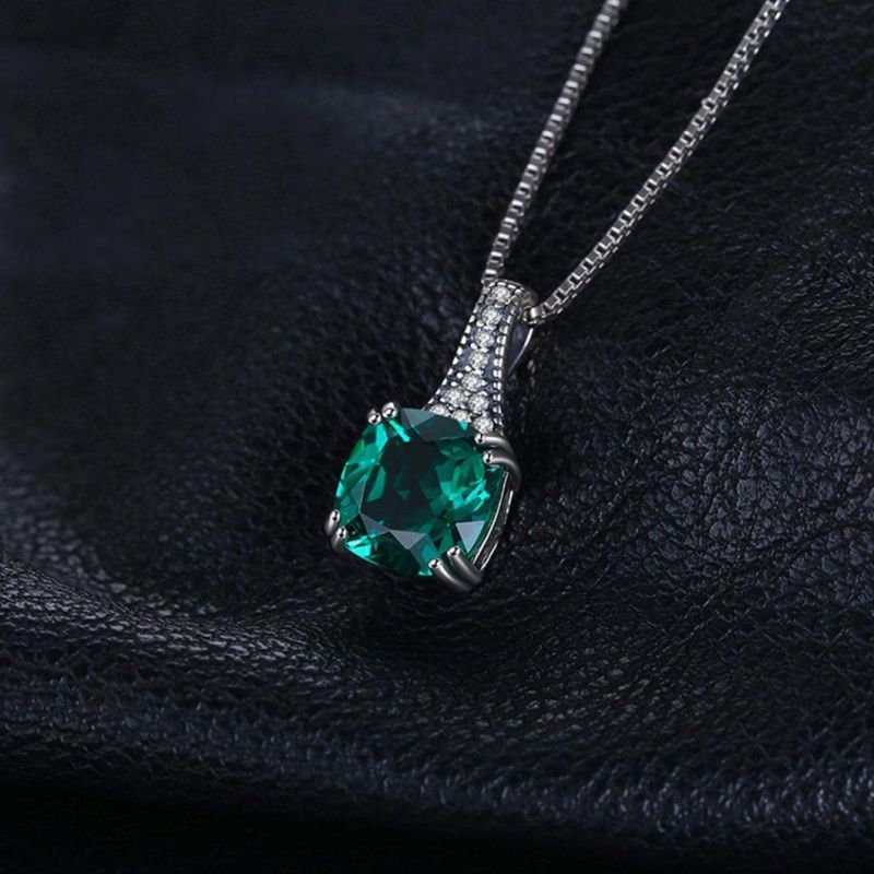 Cushion Nano Russian Simulated Emerald Pendant Necklace 925 Sterling Silver Jewelry