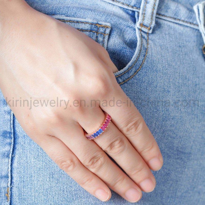2022 Color Rainbow Diamond Rings for Women Rainbow Eternity Ring 925 Sterling Silver Pure Rose Gold Pink Diamond Baguette Ring