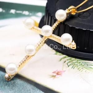 New Design Fashion Pearl Pendant Diamond Gold Rhodium Cross Necklace Cross for Men and Women