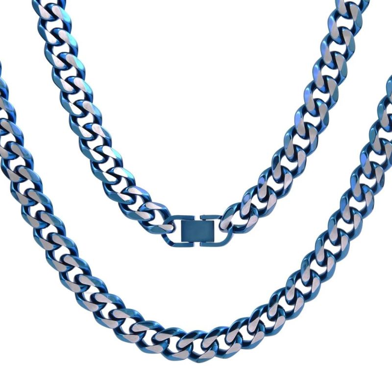 Stainless Steel Jewelry Blue Color Plated Miami Cuban Chain Necklace Fashion Jewelry 16 18 20 22 24inch