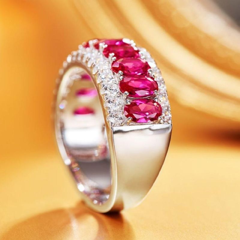 New Fashion 925 Sterling Silver Oval Cut Ruby Diamond Engagement Wedding Ring Wholesale