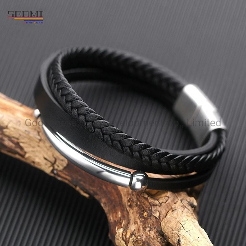 Fashion Stainless Steel Luxury Brand Gold Bangle Mens Leather Bracelet