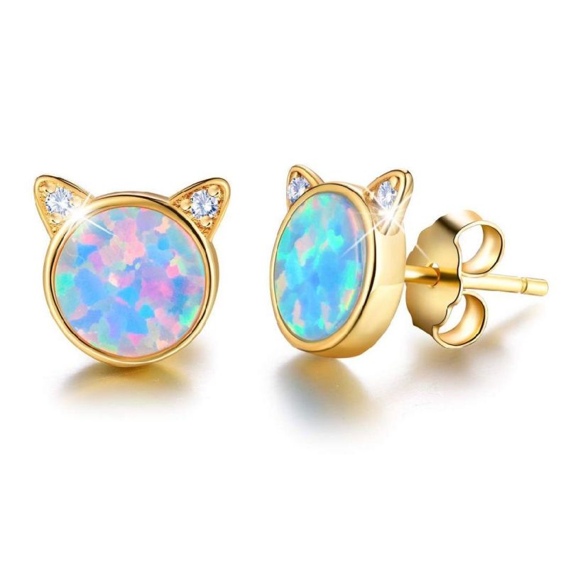 14K Gold Plated 925 Sterling Silver Cubic Zircon Opal Cat Stud Earrings for Women Girls