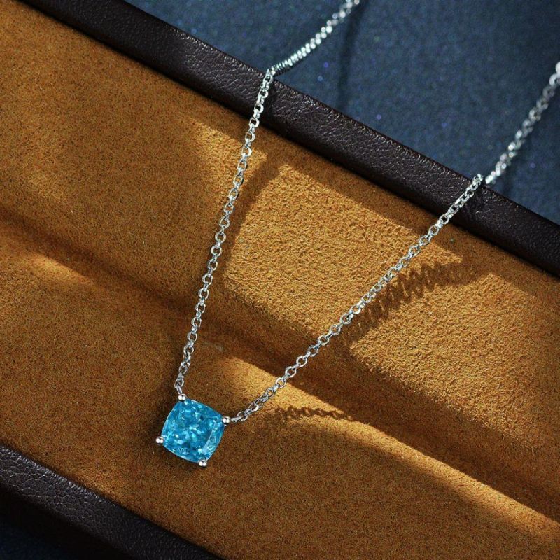 Wholesale Jewelry 925 Sterling Silver 7mm*7mm High Carbon Diamond Cushion Cut Fancy Citrine Diamond Pendant Necklace