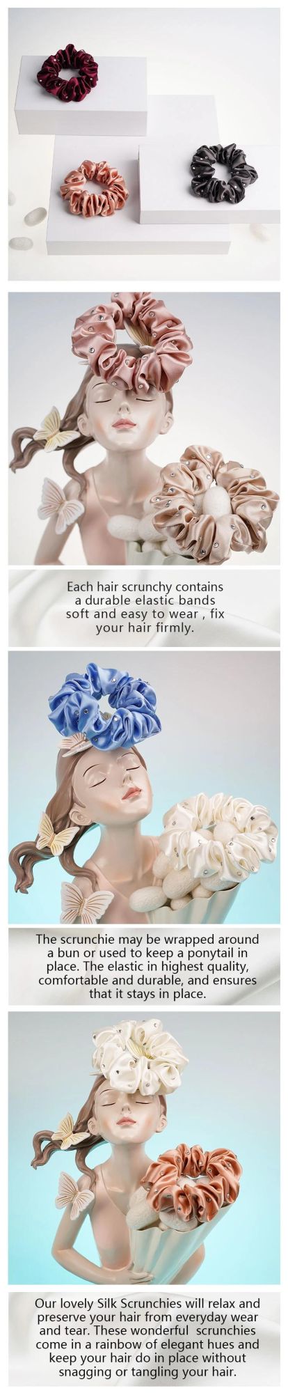 Wholesale Custom Large Silk Scrunchy Hair Ties with Luxury Crystal